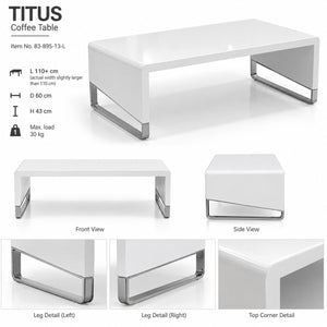 STOLKOM TITUS High-Gloss Coffee Table – White & Chrome – 110 × 60 × 43 cm
