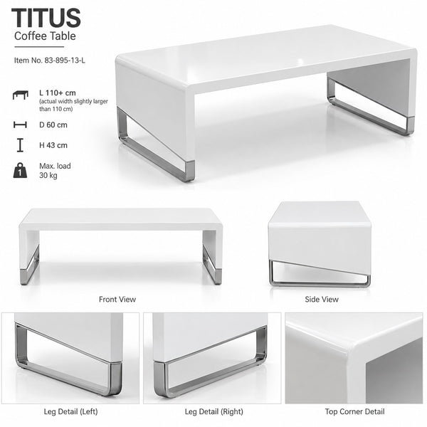 STOLKOM TITUS High-Gloss Coffee Table – White & Chrome – 110 × 60 × 43 cm
