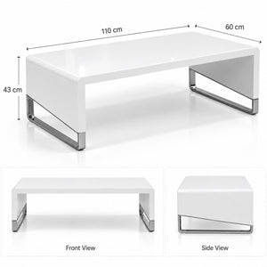 White rectangular coffee table with chrome metal legs, shown with dimension labels (110 cm length, 60 cm width, 43 cm height) plus front and side view insets on a white background.