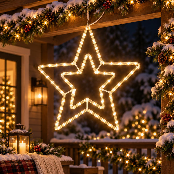 A large hanging star-shaped LED light with two nested stars, glowing with warm white lights, displayed on a snowy outdoor porch decorated with pine garlands and warm string lights.