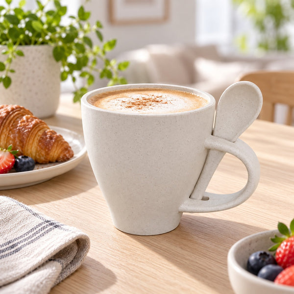 A speckled off-white ceramic mug with an integrated spoon handle, filled with a cappuccino and set on a wooden table in a bright, softly blurred breakfast setting.