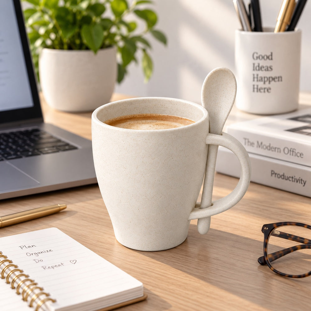 A beige ceramic coffee mug with a matching spoon, filled with coffee, set on a wooden desk surrounded by office items including a laptop, notebook, glasses, and a plant.