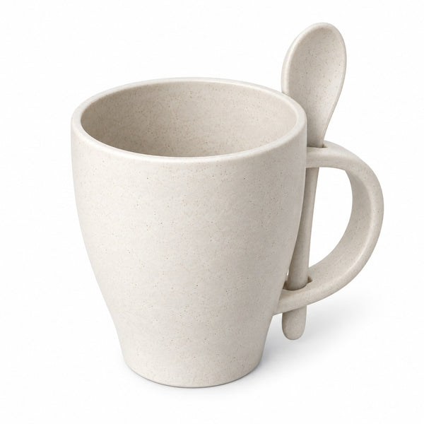 A light beige speckled ceramic mug with a handle shaped like a spoon, shown on a clean white background.