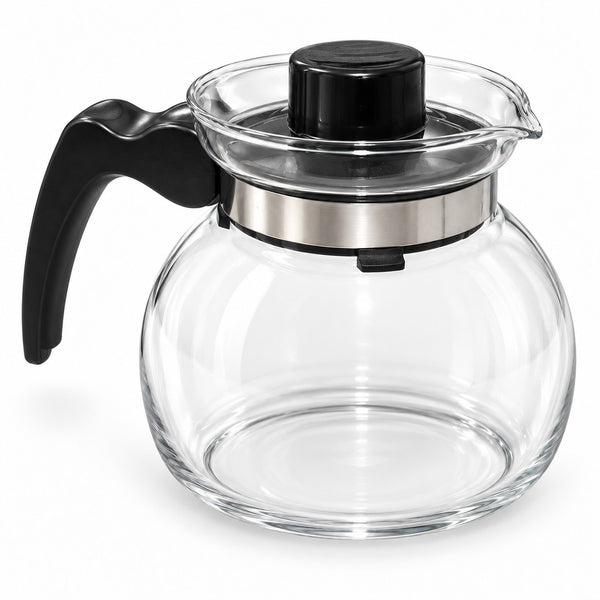 Clear glass coffee pot with a black handle, black lid, and stainless steel collar on a white background.