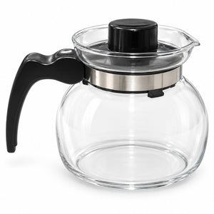 Clear glass coffee carafe with a black handle, black lid, and stainless steel collar on a white background.