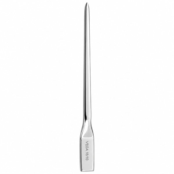 Close-up of VEGA cocktail pick rectangular handle and polished stainless steel finish