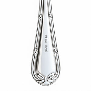 A close-up studio shot of a silver-toned metal utensil handle, likely a spoon or fork, with decorative engraved detailing and the text 'VEGA 18/10' visible on the polished surface, against a plain white background.