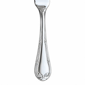A close-up studio shot of a polished silver-toned metal utensil handle, likely a fork or spoon, against a plain white background.