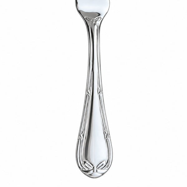 A close-up studio shot of a polished silver-toned metal utensil handle, likely a fork or spoon, against a plain white background.