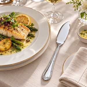 A silver butter knife with an ornate handle rests on a beige tablecloth beside a plated meal of grilled fish, asparagus, potato, and lemon. A folded cream napkin and part of a white plate are visible in the foreground, with a wine glass and flowers in the background.