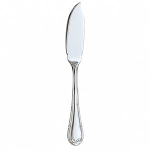 A polished silver cheese knife with a decorative handle, shown vertically against a plain white background.