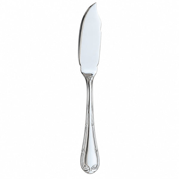 A polished silver cheese knife with a decorative handle, shown vertically against a plain white background.