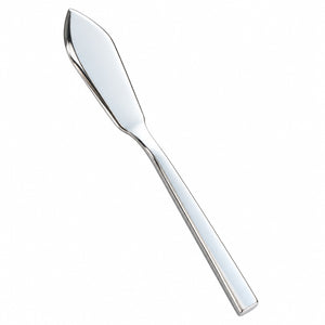 A polished silver metal butter knife with a long, straight handle and a wide, slightly curved blade, shown diagonally on a plain white background.