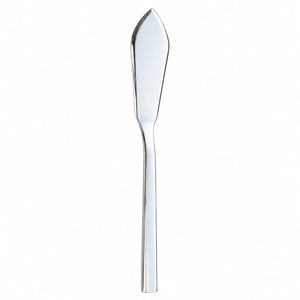 A polished silver metal spreader or butter knife with a sleek, tapered handle and a pointed blade, shown vertically against a plain white background.