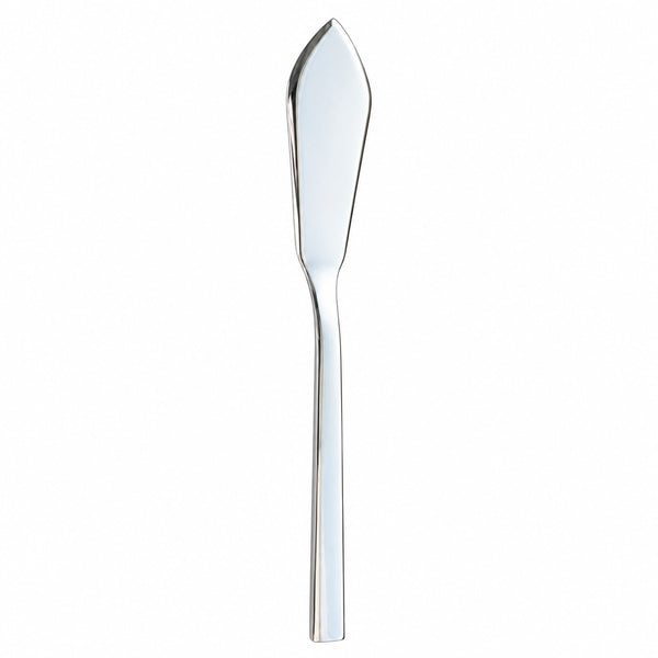 A polished silver metal spreader or butter knife with a sleek, tapered handle and a pointed blade, shown vertically against a plain white background.