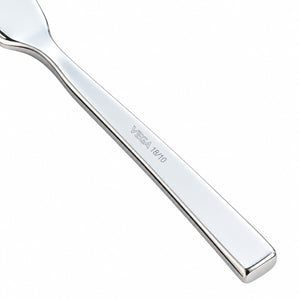 A close-up of a polished stainless steel kitchen utensil handle, likely a spatula or spreader, with the engraved text 'VEGA 18/10' visible on a clean white background.