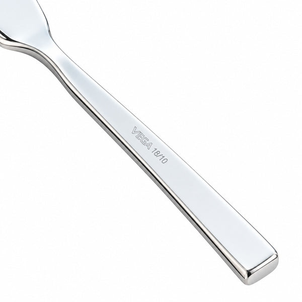 A close-up of a polished stainless steel kitchen utensil handle, likely a spatula or spreader, with the engraved text 'VEGA 18/10' visible on a clean white background.