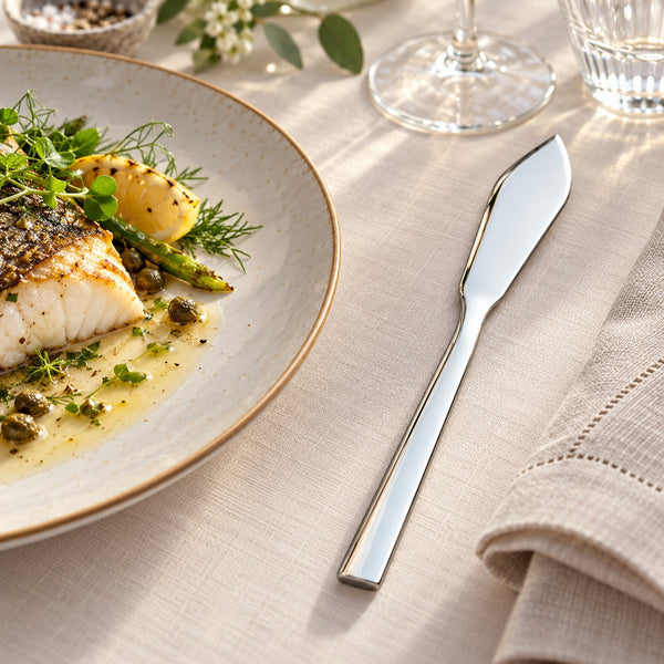 A polished silver butter knife rests on a beige linen tablecloth beside a plated meal with fish, asparagus, herbs, and a folded napkin. A wine glass and water glass are visible in the softly lit background.