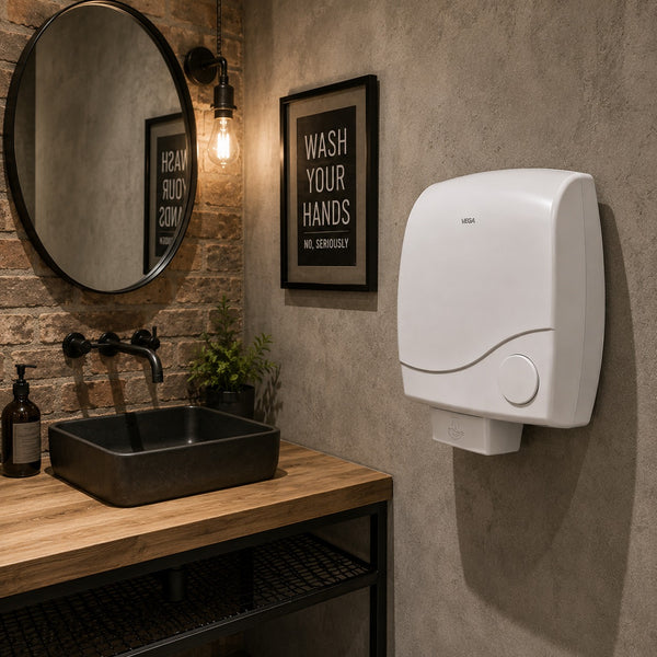 VEGA electric hand dryer in an industrial-style guest bathroom
