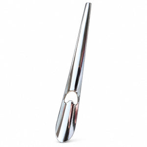 A polished chrome metal bottle opener with a sleek, tapered design and a heart-shaped cutout, shown on a solid white background.