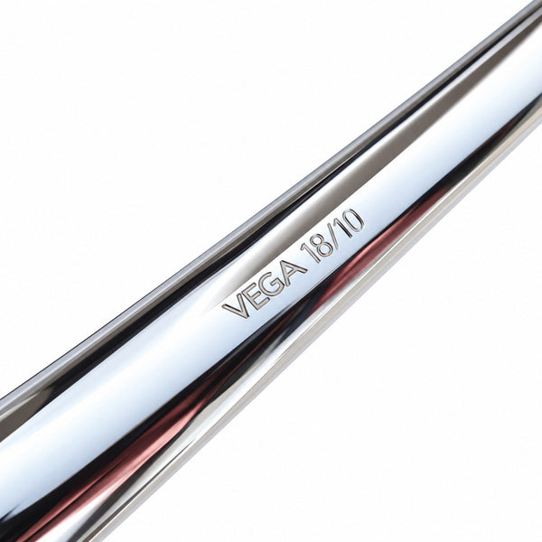 Close-up of a polished metallic rod or tube with the engraved text 'VEGA 18/10' visible on a clean white background.