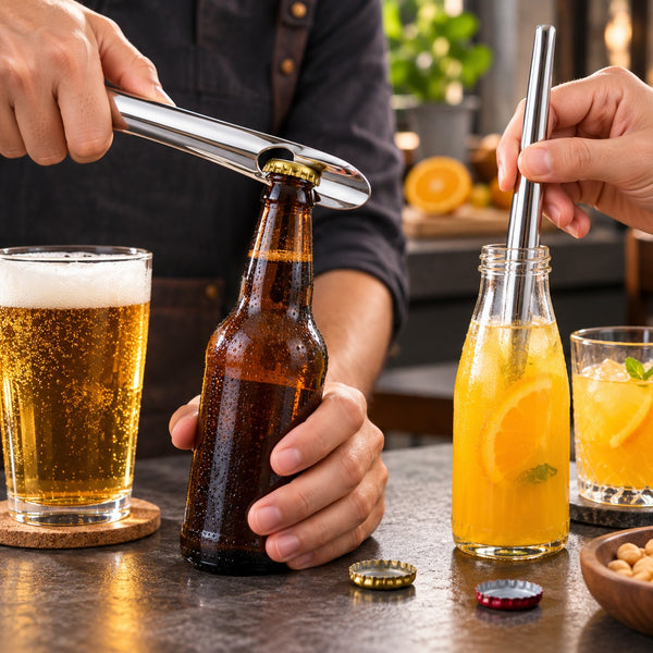 A close-up lifestyle shot of a person using a stainless steel bottle opener to open a brown glass beer bottle on a dark tabletop, with a glass of beer and a bottle of orange drink nearby.