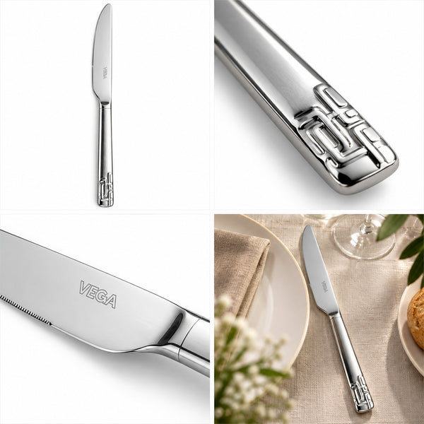 A collage showing a polished stainless steel steak knife from multiple angles, including a full view of the handle, a close-up of the engraved geometric pattern on the handle, a close-up of the blade with the VEGA logo, and a lifestyle dining scene with the knife on a table setting.