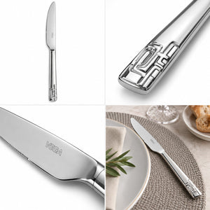 A collage showing a stainless steel steak knife from multiple angles, including a full view, close-ups of the engraved handle, and the knife placed on a plate in a dining setting. The brand name VEGA is visible on the blade.
