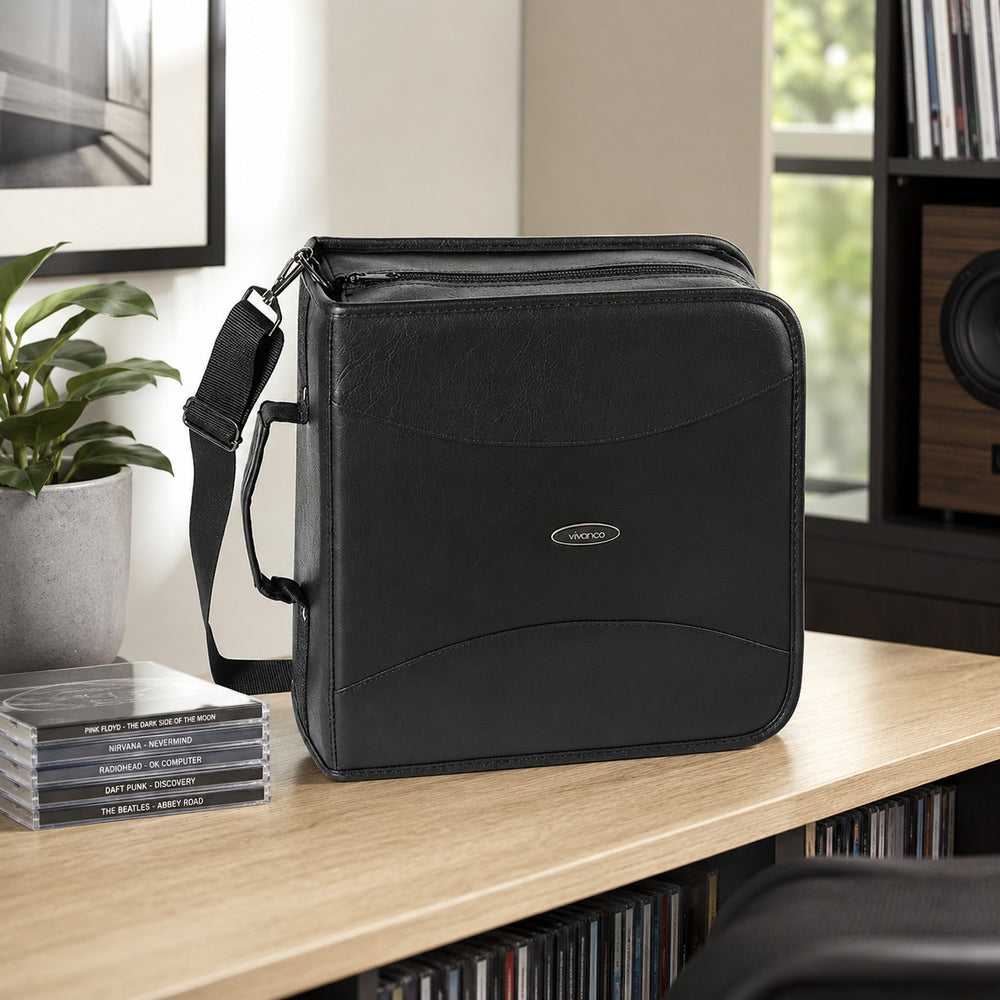 Vivanco PRO CDK 320 black CD and DVD storage bag displayed in a modern media room