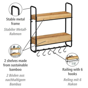 Wenko Loft 2-Tier Wall Shelf – Industrial Bamboo & Black Steel Organizer with 6 S-Hooks