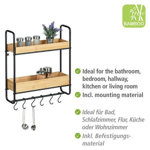 Wenko Loft 2-Tier Wall Shelf – Industrial Bamboo & Black Steel Organizer with 6 S-Hooks