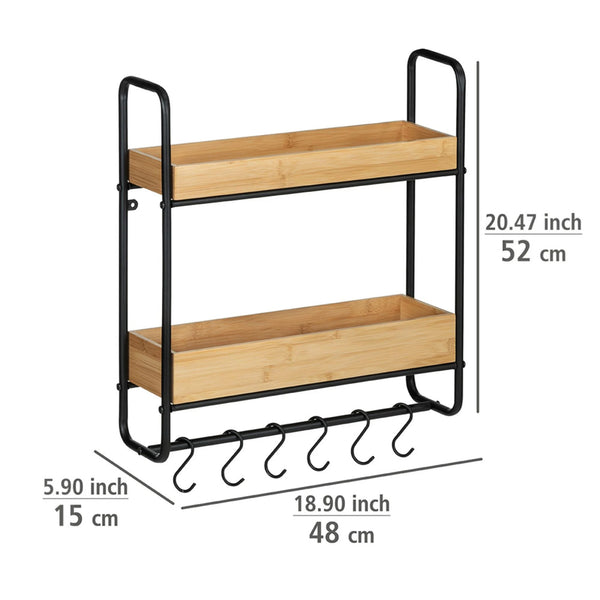 Wenko Loft 2-Tier Wall Shelf – Industrial Bamboo & Black Steel Organizer with 6 S-Hooks