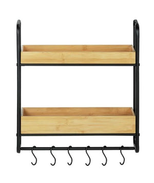 Wenko Loft 2-Tier Wall Shelf – Industrial Bamboo & Black Steel Organizer with 6 S-Hooks