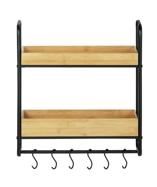 Wenko Loft 2-Tier Wall Shelf – Industrial Bamboo & Black Steel Organizer with 6 S-Hooks