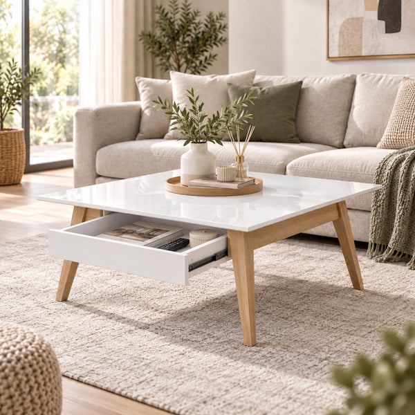 A modern coffee table with a glossy white top and light wood legs, featuring an open drawer underneath. The table is styled in a bright, contemporary living room with a beige sofa, neutral rug, and decorative plants.