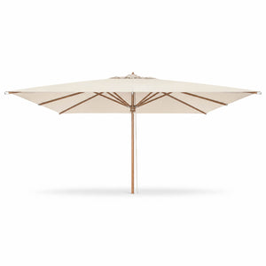 A square patio umbrella with a light beige canopy and natural wood ribs, shown from a top-down perspective on a white background.