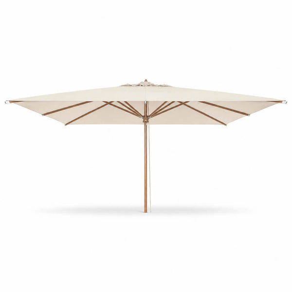 A square patio umbrella with a light beige canopy and natural wood ribs, shown from a top-down perspective on a white background.
