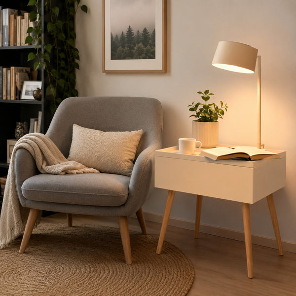  white side table with a lit floor lamp, mug, and open book.