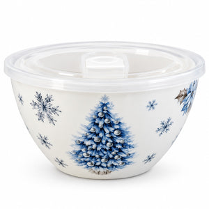 A white ceramic bowl with a clear plastic lid, decorated with a blue Christmas tree and snowflakes, on a white background.