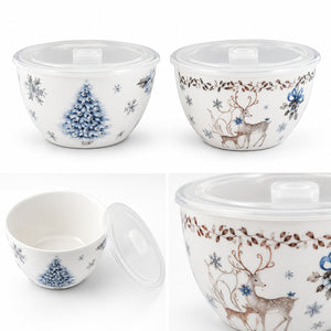 Four views of a white ceramic lidded bowl with a blue Christmas tree and snowflake pattern, alongside a close-up of a brown deer and leafy border design.
