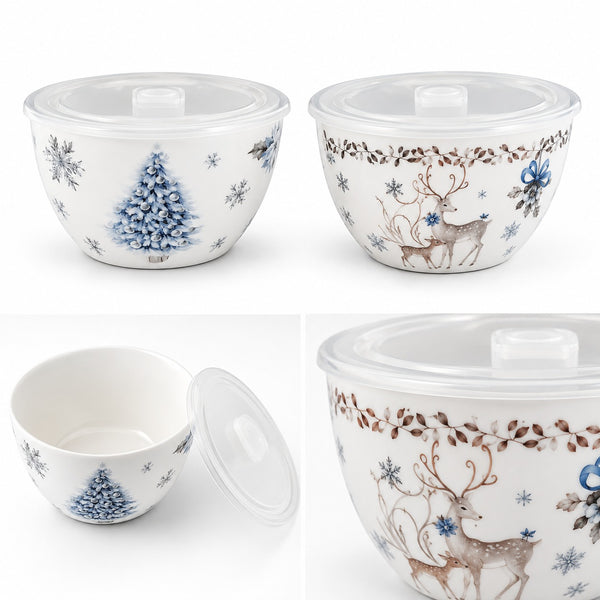 Four views of a white ceramic lidded bowl with a blue Christmas tree and snowflake pattern, alongside a close-up of a brown deer and leafy border design.