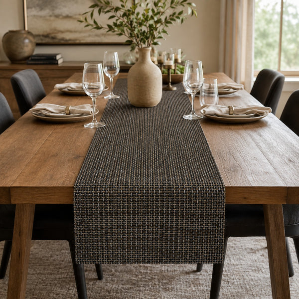 woven table runner, black bronze table runner, 145 x 50 cm table runner, modern table runner, textured dining table runner, contemporary table décor, decorative table runner, woven dining table accessory