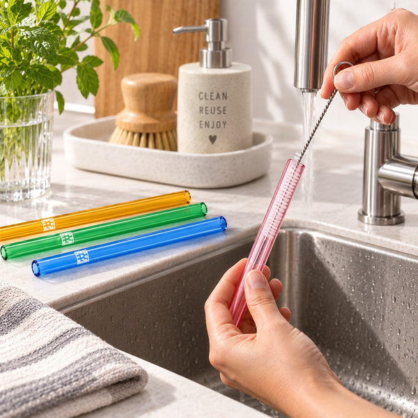 A person uses a pink flexible cleaning brush under running water at a kitchen sink, with three additional cleaning brushes in yellow, green, and blue lying on the counter nearby. A soap dispenser, plant, and towel are visible in the background.