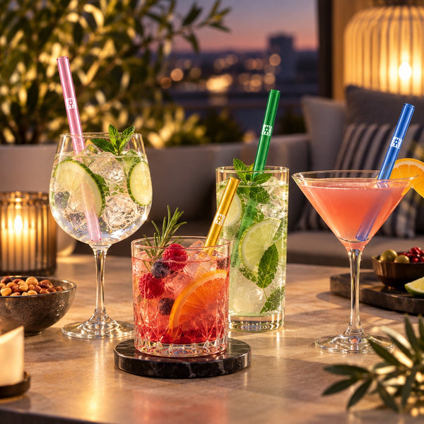 Four colorful cocktail straws in pink, green, blue, and gold are shown in various styled cocktails on a patio table at dusk.